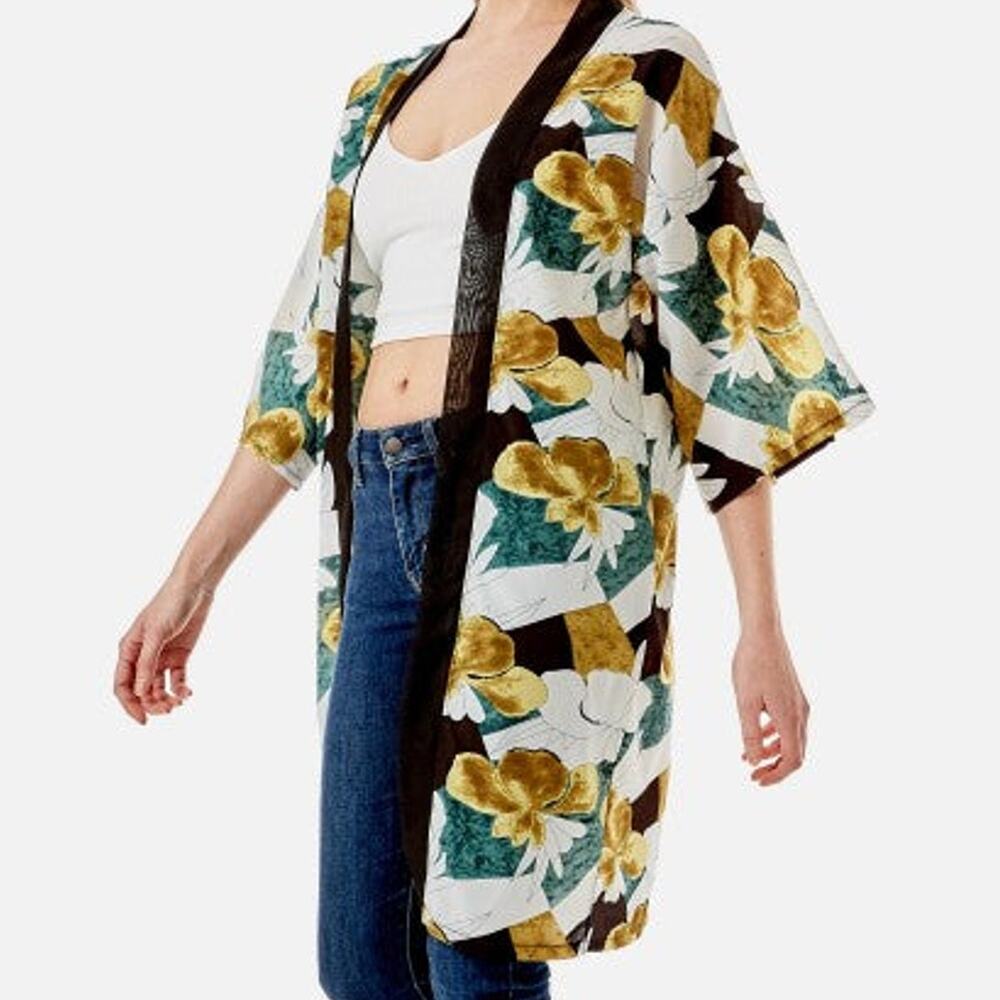 Green Asian Floral Print Kimono Lightweight